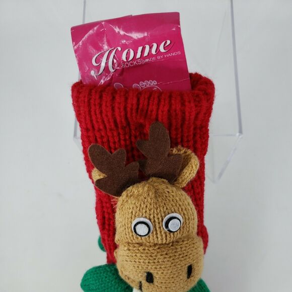 Slipper Socks Anti-Slip Womens Non-Skid Reindeer Hand Made Red Christmas Home - Picture 3 of 12